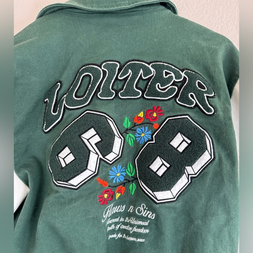LOITER Flaws And Sins Varsity Logo Jacket size Medium Green Off White $229 - Picture 16 of 16